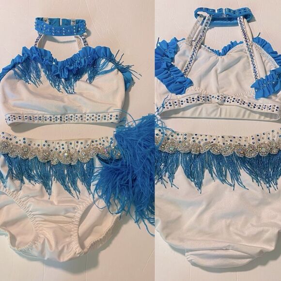 Custom solo Glamorous dance costume white blue 2 piece embellished lyrical XSA - Picture 3 of 15